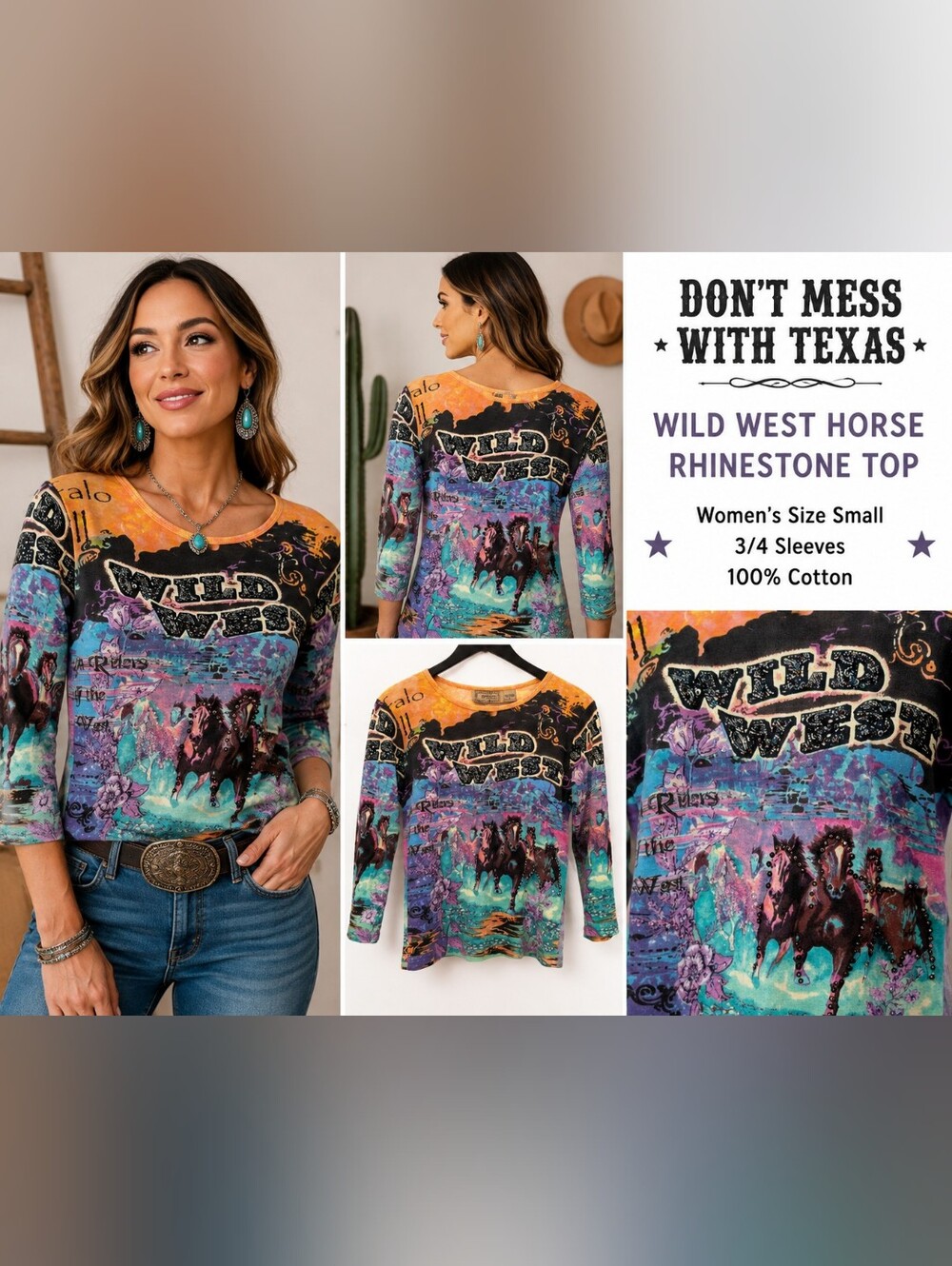 Don’t Mess With Texas Wild West Horse Rhinestone 3/4 Sleeve Top S Y2K Western